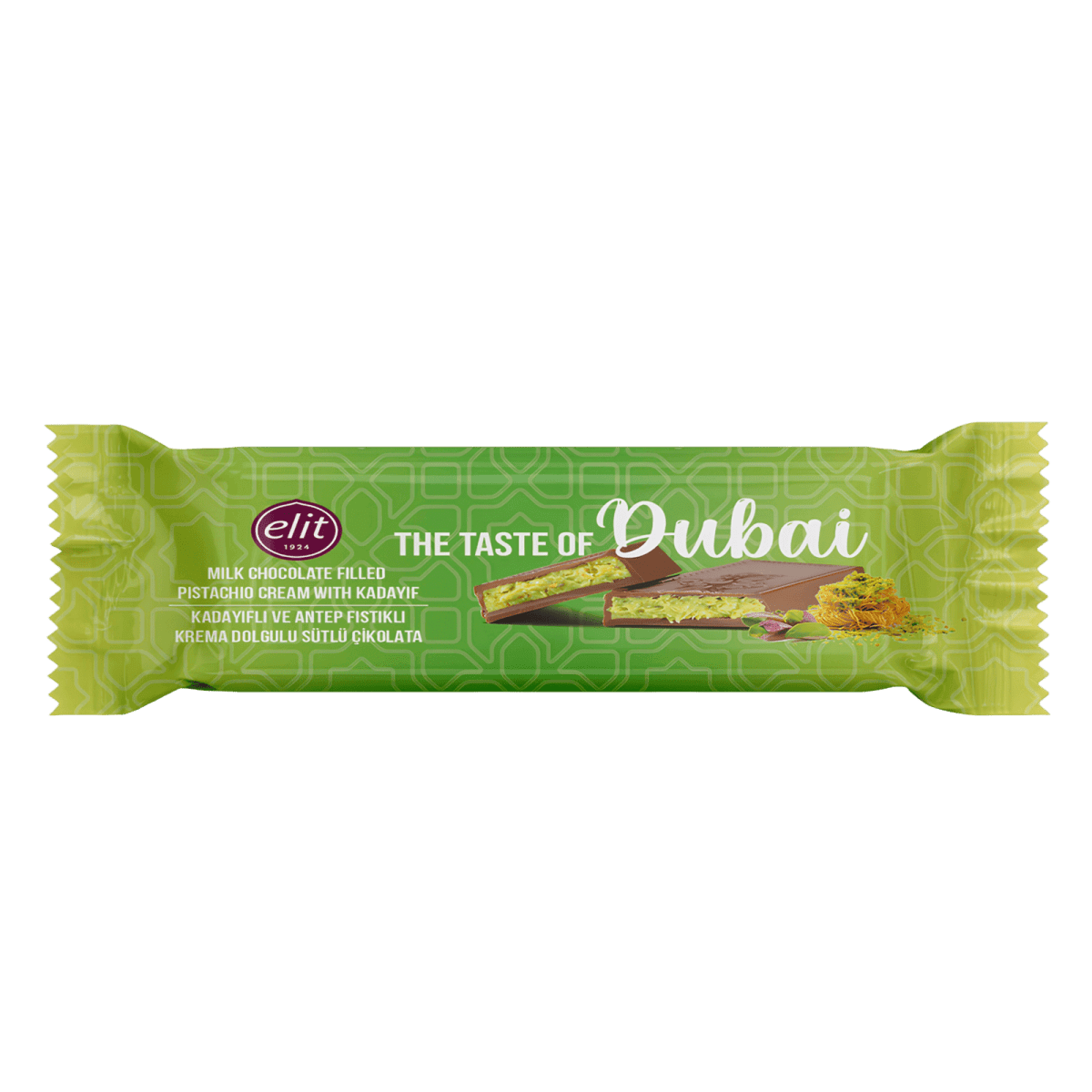 Alt Tag: Elit Dubai Schokolade 30g mit Pistaziencreme entführt dich auf eine orientalische Geschmacksreise in die Welt von 1001 Nacht.