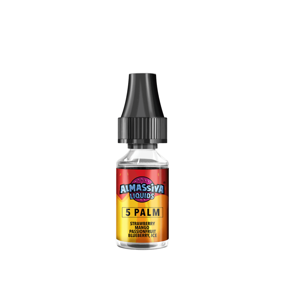 Almassiva Liquid 5 Palm Flasche mit tropischem Erdbeeren, Mango, Passionsfrucht und Blaubeeren-Menthol Geschmack.