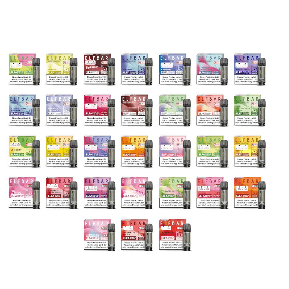Verschiedene Elfa Pod Vape-Sorten, darunter Blueberry Cotton Candy, arrangiert in einem bunten Gridmuster auf weißem Hintergrund.