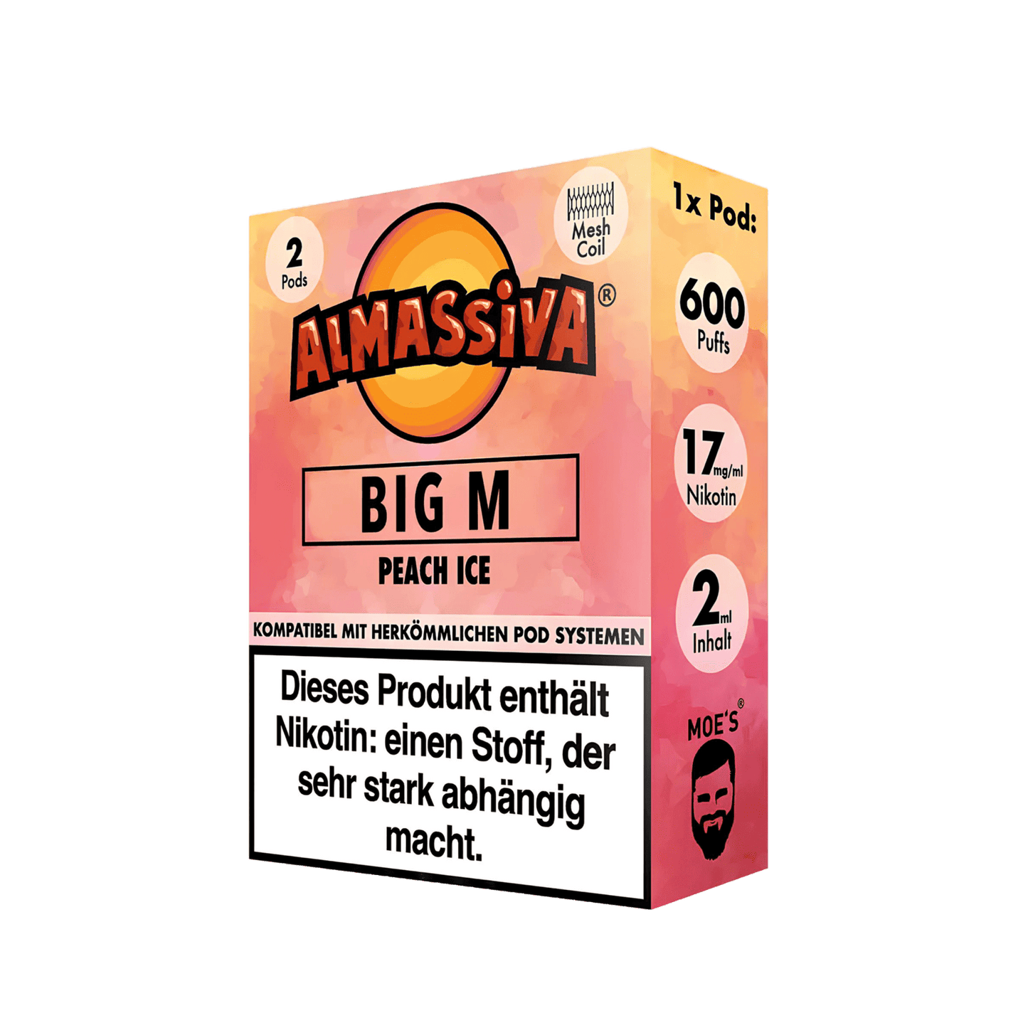 Almassiva Pod Big M: Pfirsich Menthol im 2er Set. Genieße den süßen Pfirsich mit erfrischender Mentholkühe. Perfekt für dich!