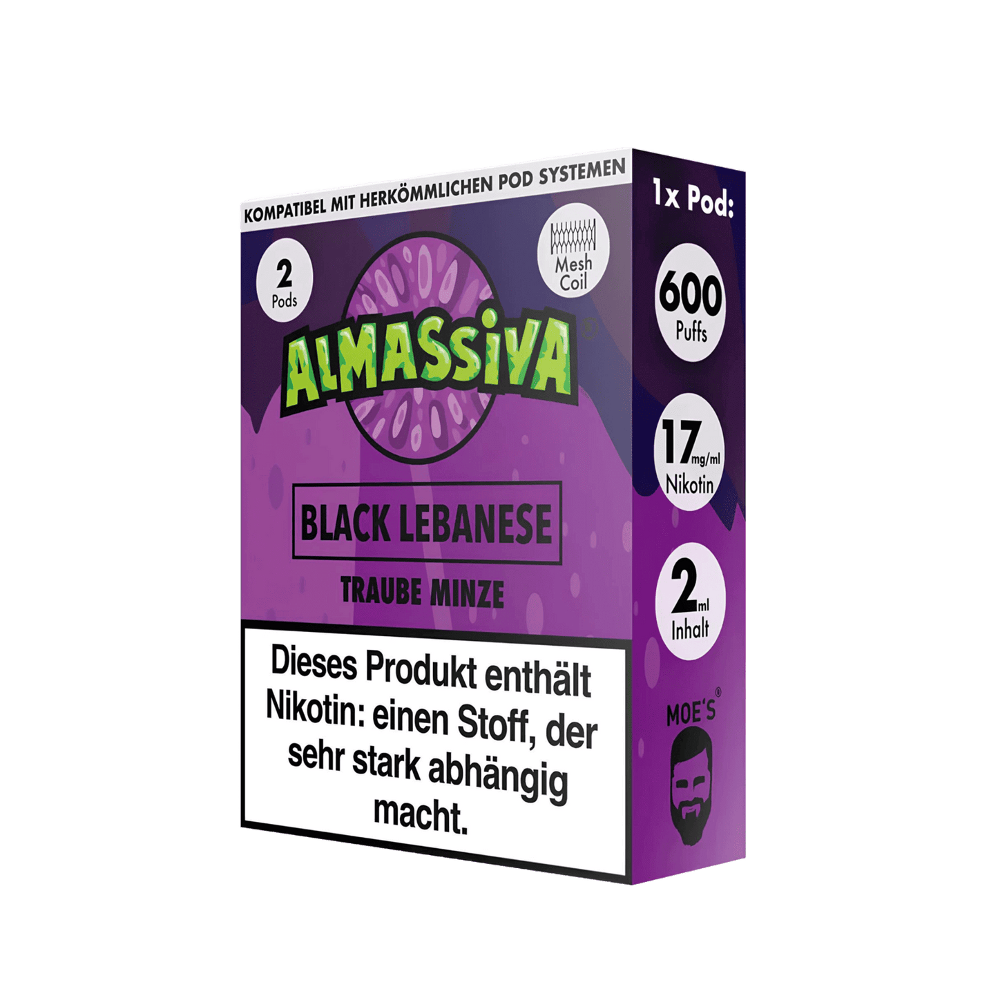 Almassiva Black Lebanese Pod - Traube Minze für intensives Aroma, 2er Set mit 600 Zügen. Perfekt für deinen Alltagsbegleiter.