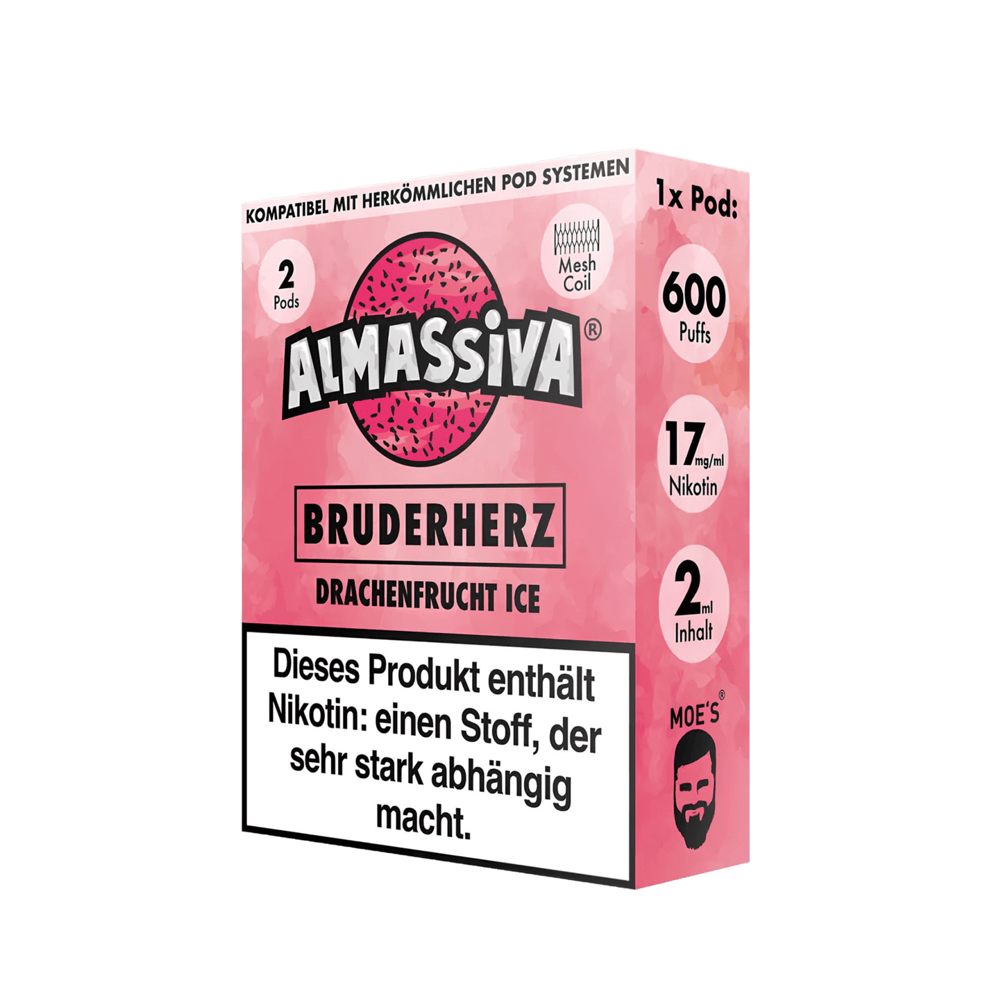 Almassiva Bruderherz Pod-Packung mit Drachenfrucht Menthol-Geschmack, 600 Züge und 17mg Nikotin – exotisch und erfrischend.