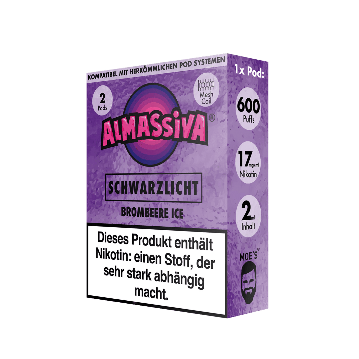 Almassiva Schwarzlicht Pod 2er Set in Brombeere Ice mit 17mg Nikotin, aromatisches Beeren- und Mentholerlebnis für deinen Vape-Genuss.
