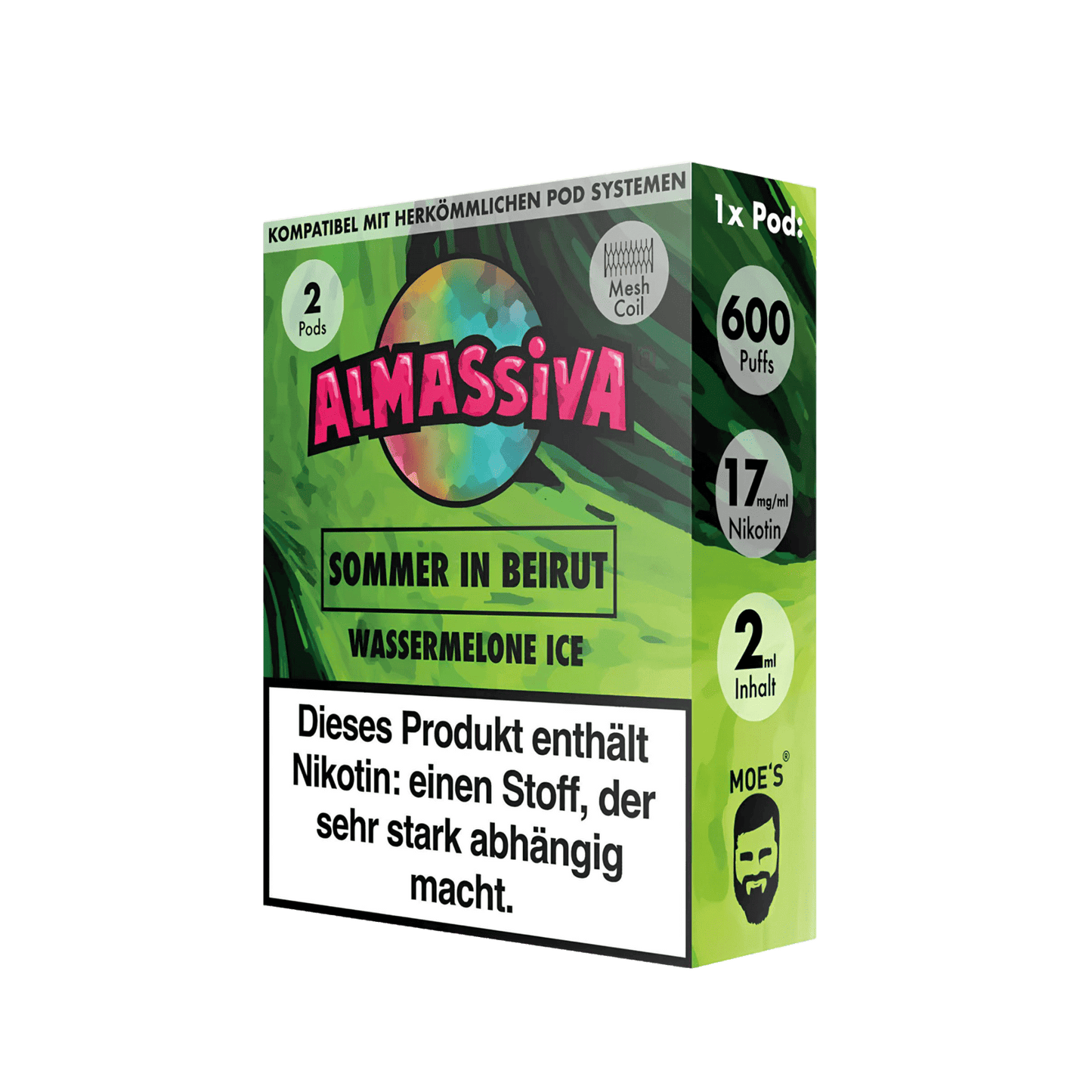 Almassiva Pod Sommer in Beirut Wassermelone Menthol 2er Set mit 600 Zügen und 17mg Nikotin für erfrischenden Sommergenuss