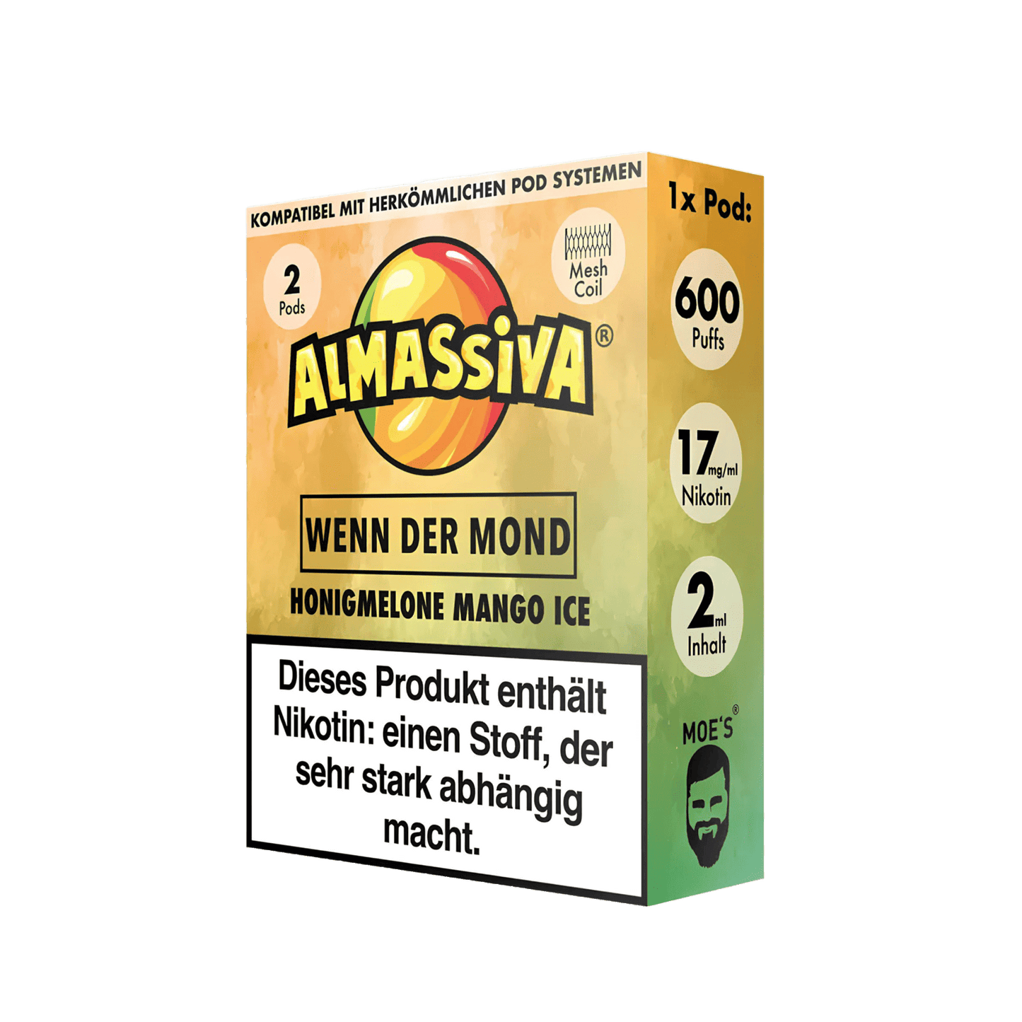 Almassiva Pod Wenn der Mond Packung: Honigmelone Mango Menthol für ein fruchtig-süßes Erlebnis mit Menthol-Kick, 2er Set.