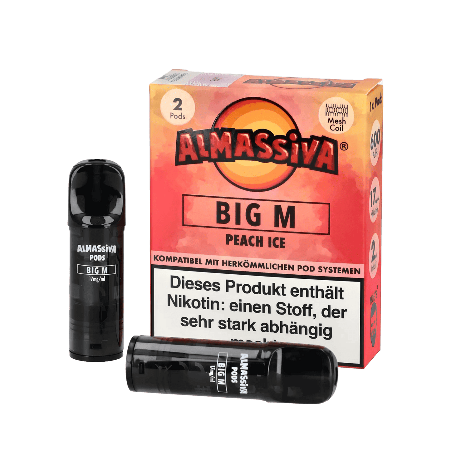 Almassiva Pod 2er Set - Big M mit Pfirsich Menthol, perfekt für den erfrischenden Geschmack von saftigen Pfirsichen und kühlendem Menthol.