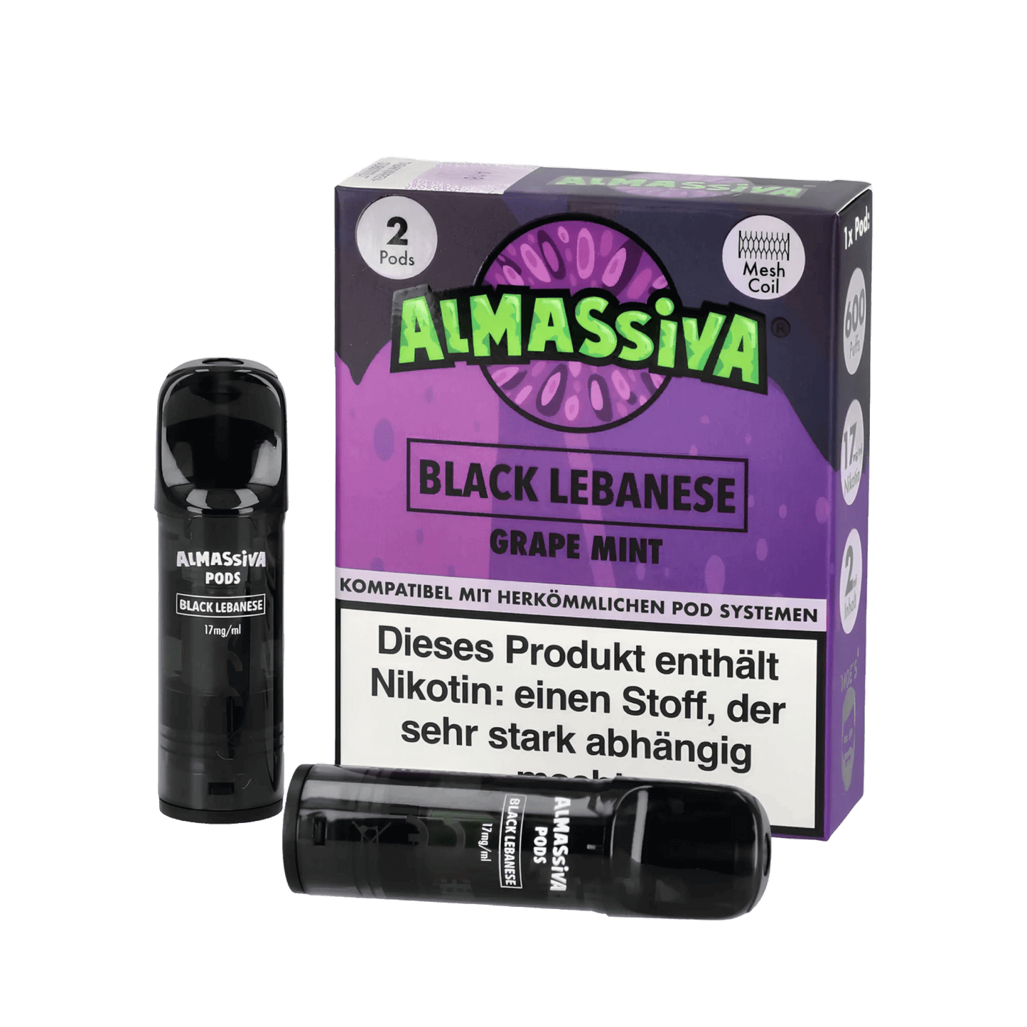 Almassiva Pod Black Lebanese Traube-Minze Set mit zwei Pods und eleganter Verpackung für perfekte Aroma-Vielfalt.