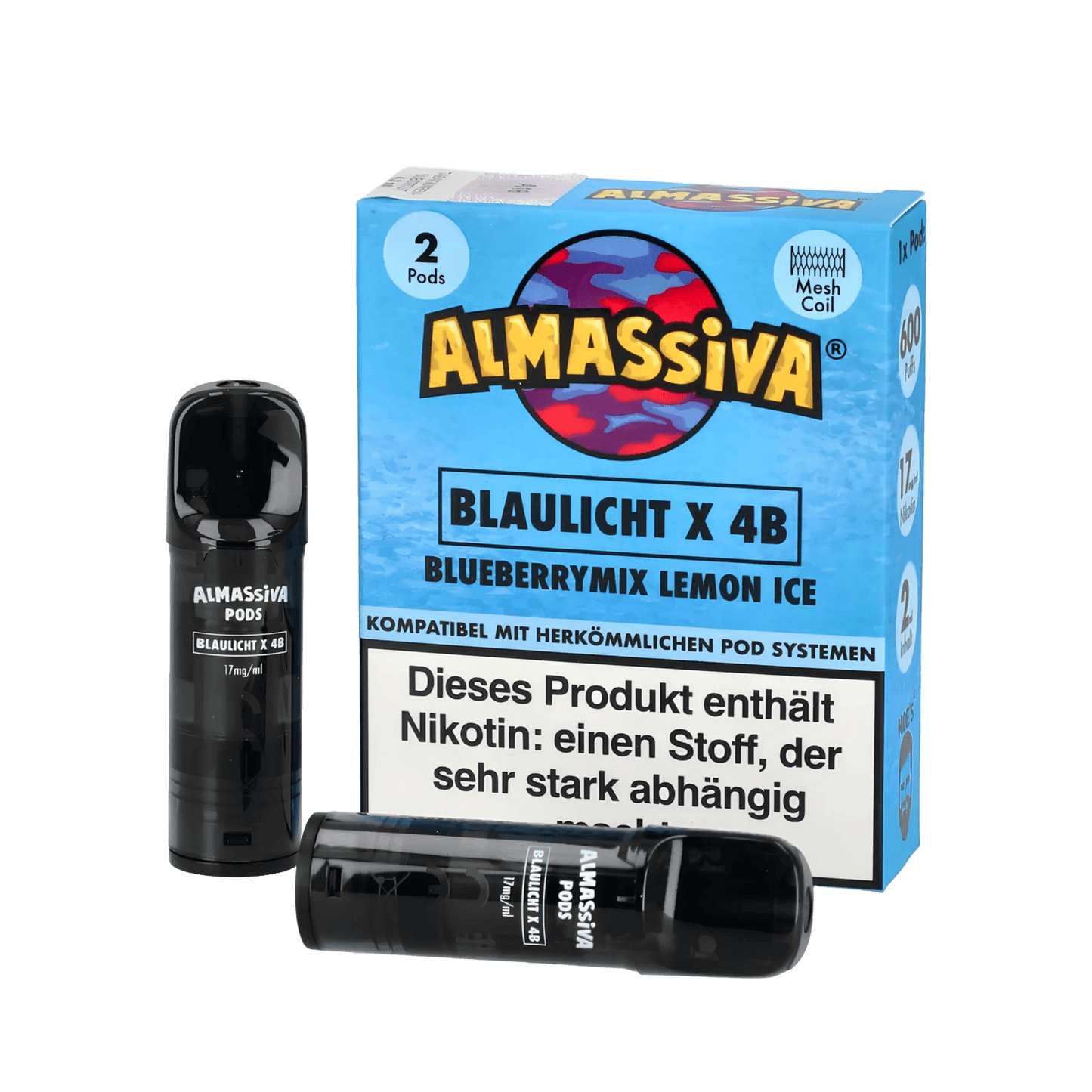 Almassiva Pod 2er Set Blaulicht Blueberrymix Lemon Ice mit Nikotinwarnung, fruchtig-frischer Vape-Genuss mit Menthol-Kick.