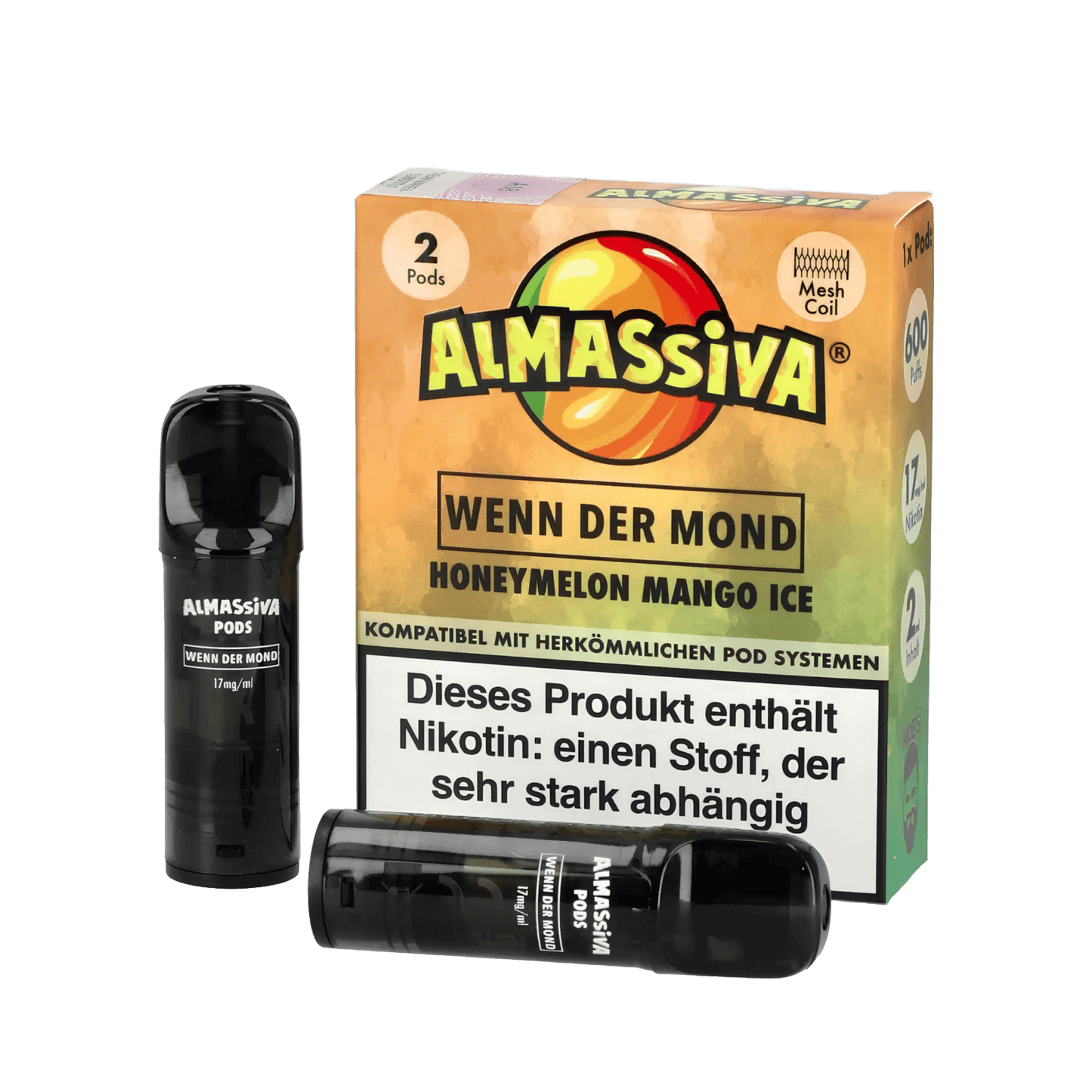 Almassiva Pod 2er Set - Wenn der Mond: Honigmelone Mango Menthol Aroma mit Mentholfinish, kompatibel mit Pod-Systemen.