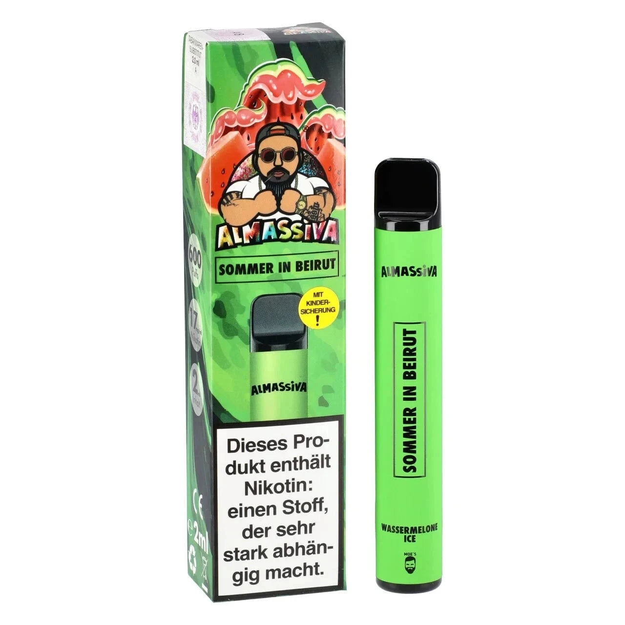 Almassiva Sommer in Beirut Einweg Vape Pen mit Wassermelone und Mentholgeschmack, perfekt für Erfrischung an heißen Sommertagen.