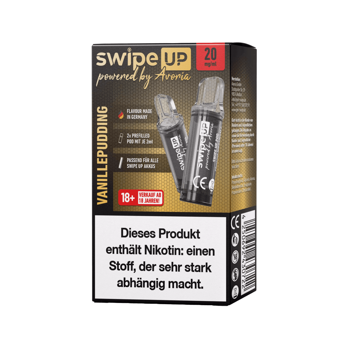 Avoria Swipe Up Pod Vanillepudding Einweg-Pods, 2er-Set, cremiger Vanille- und Puddinggeschmack fürs Dampfen genießen.