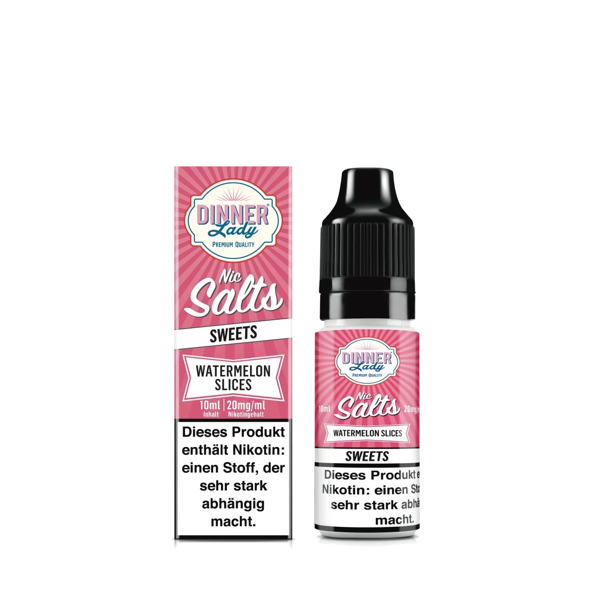 Flasche und Verpackung von Dinner Lady Nic Salts Watermelon Slices E-Liquid, der pure Wassermelonen-Geschmack für dich.