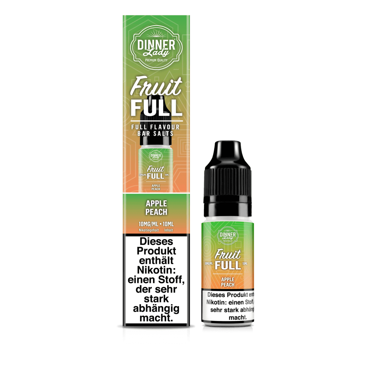 Dinner Lady Bar Salts Apple Peach Flasche vor Verpackung, fruchtiges E-Liquid-Erlebnis mit Apfel und Pfirsich.