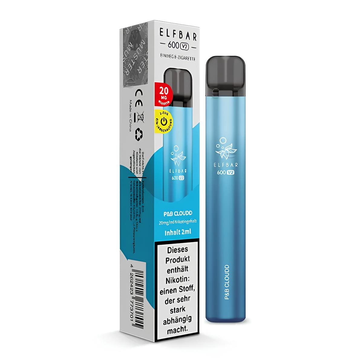 Elf Bar 600 V2 CP P&B Cloudd E-Zigarette mit Zuckerwatte Menthol Geschmack in Blau vor Verpackung