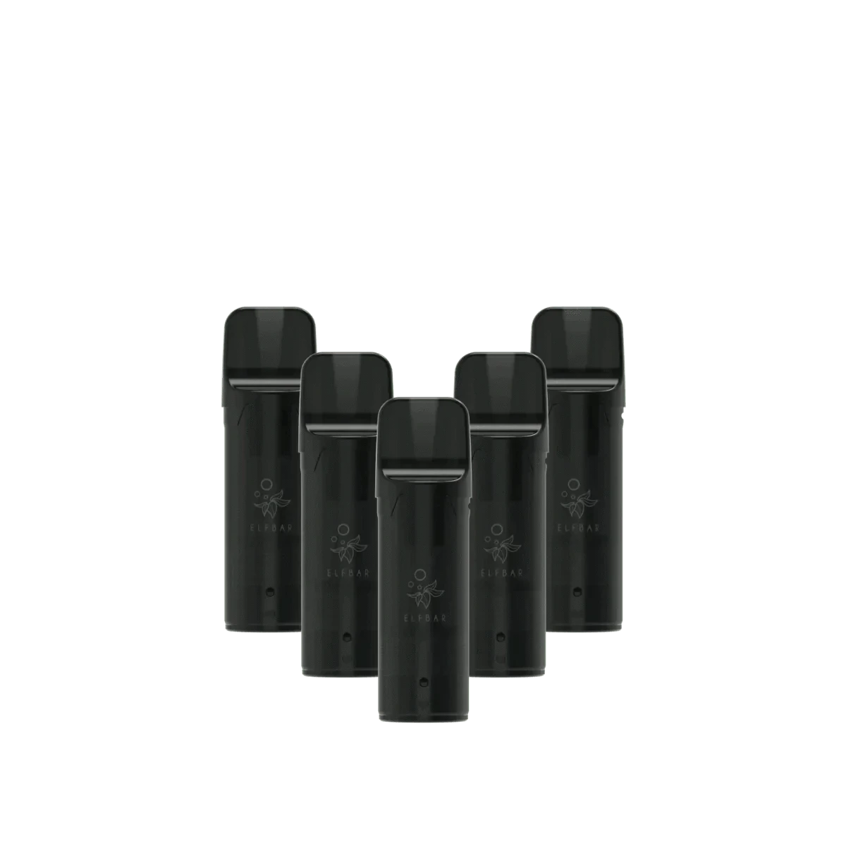 Fünf Elfa Pods in elegantem Schwarz, ideal für Erfrischung und intensives Dampfen mit Lemon Mint-Geschmack.