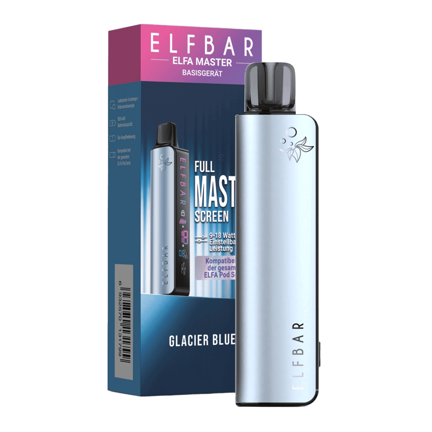 Alt Tag: Entdecke das coole Elfa Master Basisgerät in Glacier Blue, perfekt für deinen lässigen Vibe mit metallic blauem Charme!