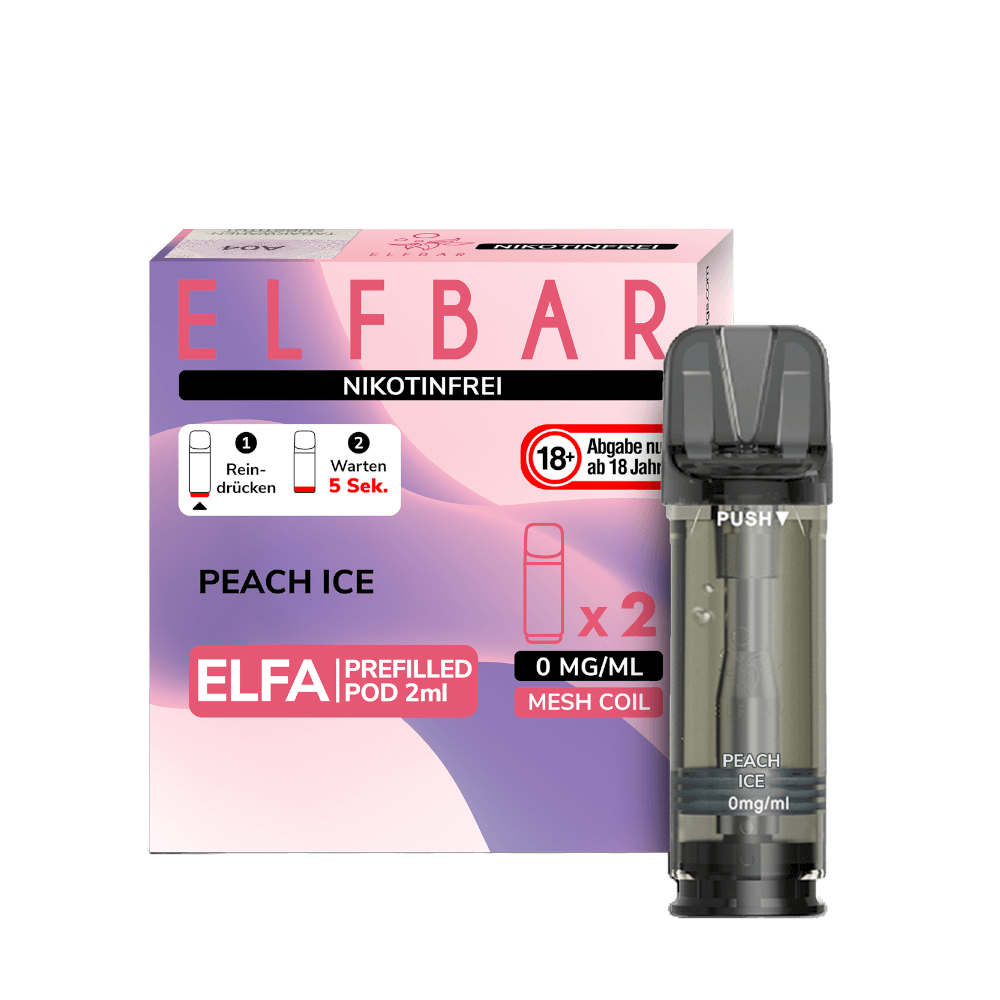 Erfrisch dein Erlebnis mit Elfbar Elfa Pods Peach Ice ohne Nikotin – saftiger Pfirsich trifft eisiges Menthol, 2er Set genießen.