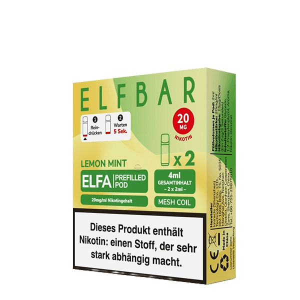 Elfa Pod im 2er Set mit Lemon Mint-Geschmack; spritzige Zitrone trifft auf erfrischende Minze. Starkes Dampferlebnis garantiert.