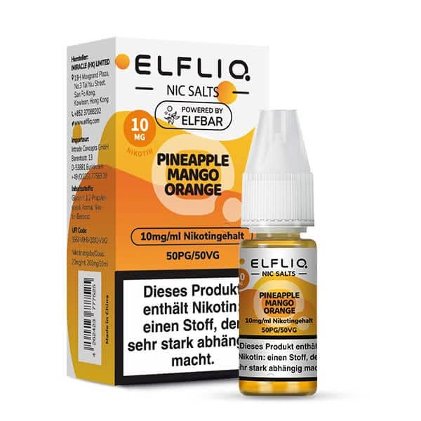 Erlebe Elfliq Pineapple Mango Orange, Nikotinsalz E-Liquid für dein nachhaltiges Vaping-Abenteuer. Fruchtig und umweltschonend!