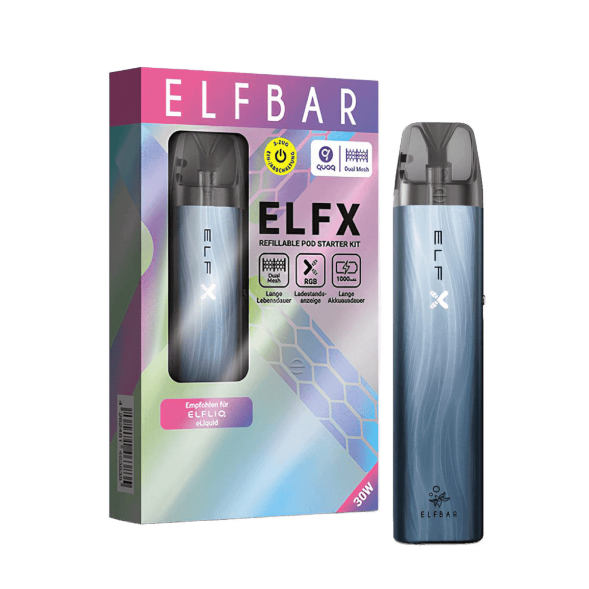 Elegantes ElfX Pod Kit in Dunkelblau, inspiriert vom Ozean. Perfekte Wahl für Fans kräftiger Farben und edlem Design.