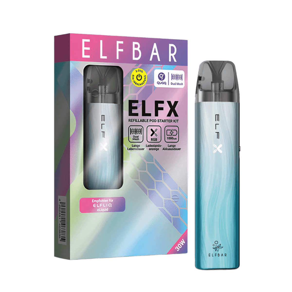 ElfX Pod Kit in Silber Blau, stylisch und erfrischend wie Himmel und Meer, für modernes Vaping mit Elfbar. Fühl die Gelassenheit.