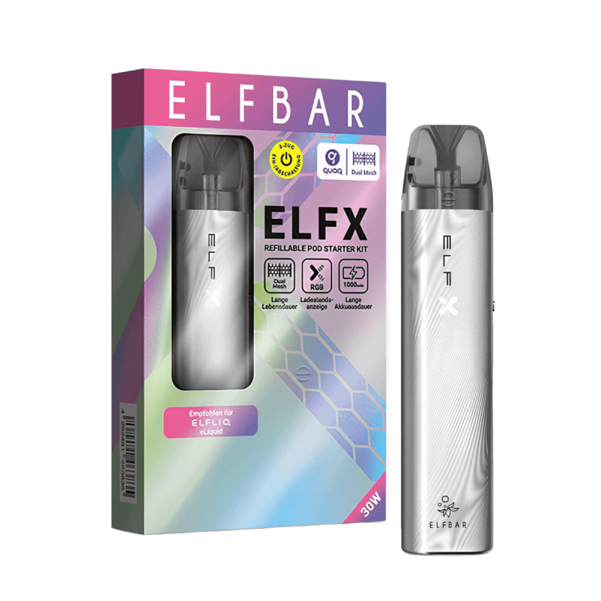 Erlebe das moderne Design des ElfX Pod Kits in Silber – dein perfekter Begleiter für Eleganz im Alltag und bei besonderen Anlässen.