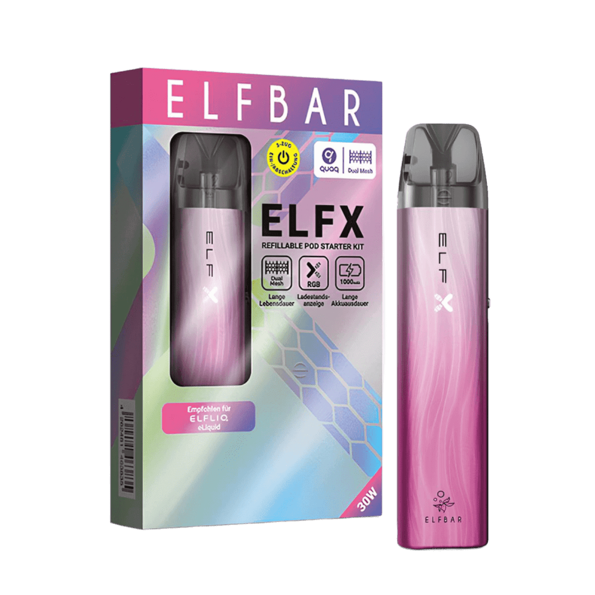 Entdecke das ElfX Pod Kit in Silber Pink, eine schicke und moderne Wahl für stilbewusste Genießer, ideal für deinen Lifestyle.