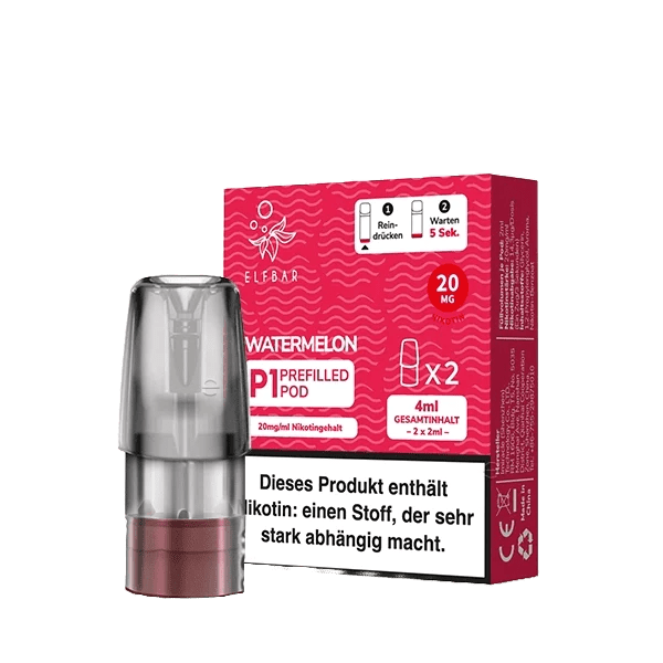 Genieße frisches Wassermelonenaroma mit dem Elf Bar Mate 500 P1 Pod 2er Set. Perfekt für süße und erfrischende Dampferlebnisse.