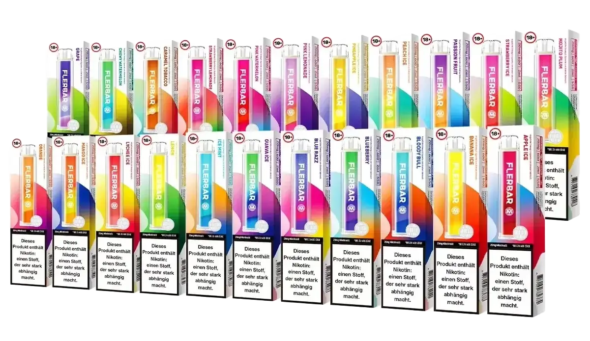 Bunte Auswahl an Flerbar M Geschmacksrichtungen, inklusive Pink Watermelon, in Regenbogenverpackungen.