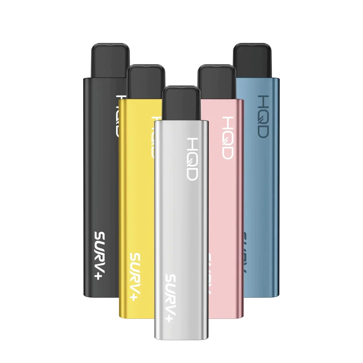 Fünf bunte HQD Surv Plus Vapes in verschiedenen Farben, bereit für dein tropisches Kiwi Maracuja Dampferlebnis.