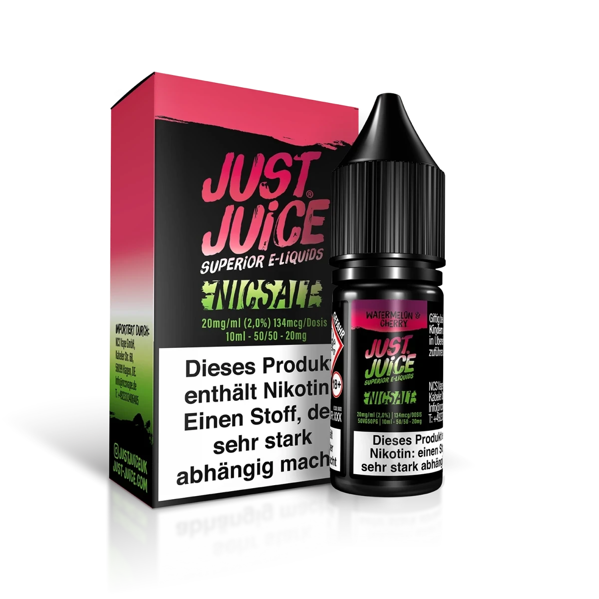 Just Juice E-Liquid in Wassermelone Kirsche Flavor mit Nikotinsalz. Perfekt für eine süße, erfrischende Geschmacksexplosion.