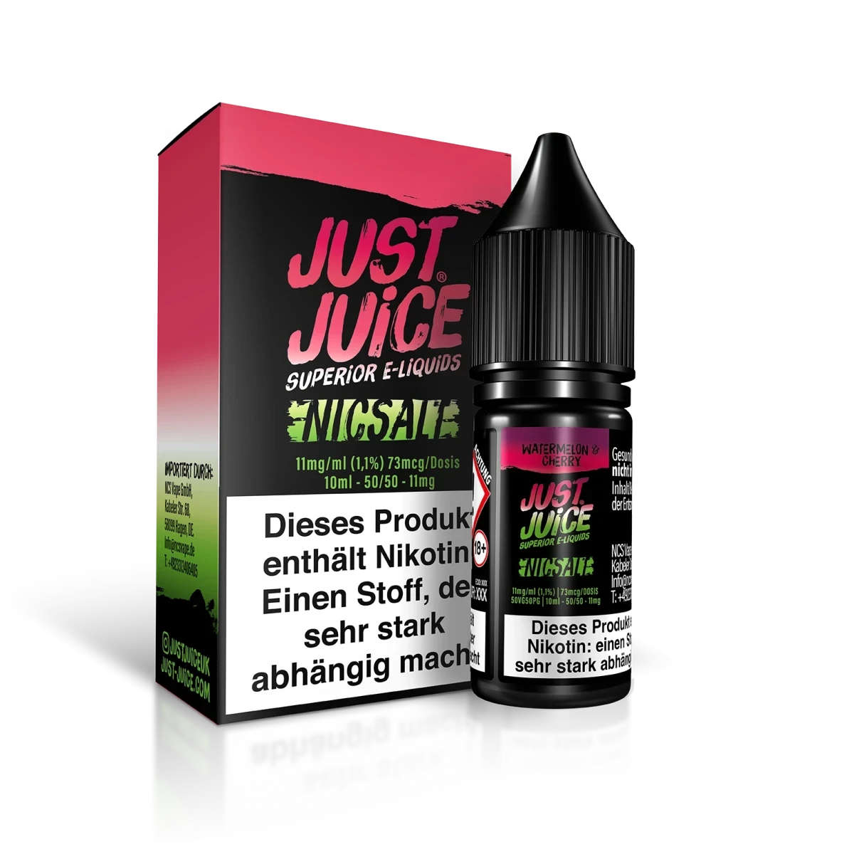 Venturo Just Juice Watermelon Cherry Nikotinsalz E-Liquid Flasche und Verpackung, erfrischend und fruchtig – perfekt für dich.