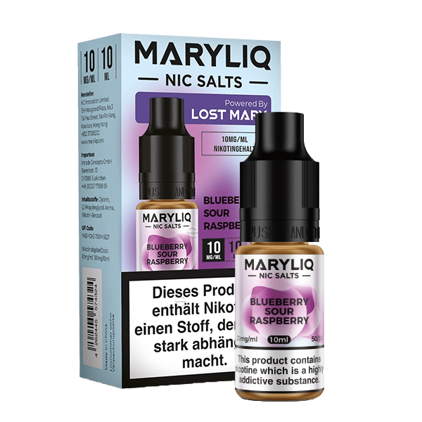 Maryliq Blueberry Sour Raspberry Nikotinsalz-Flasche mit Verpackung, für süßen und spritzig-sauren Beerengeschmack.