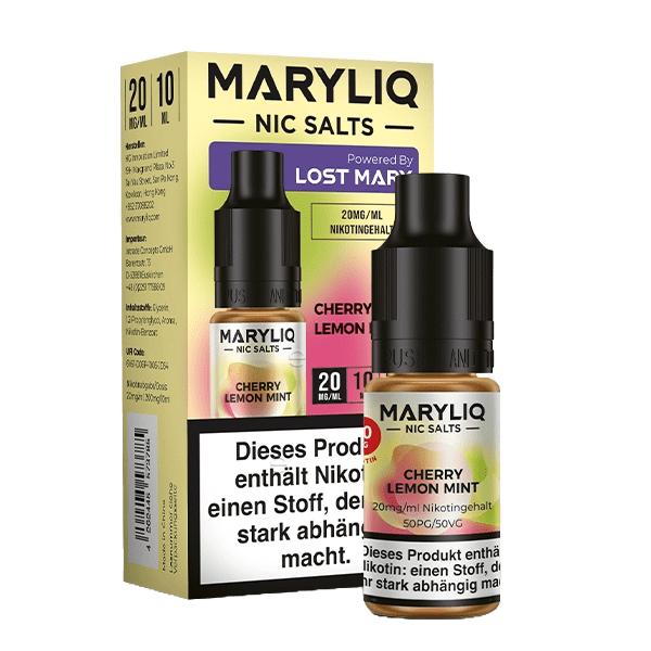 Verpackung von Maryliq - Cherry Lemon Mint (Kirsche Zitrone Minze) mit 20mg/ml Nikotinsalz für ein erfrischendes Geschmackserlebnis.