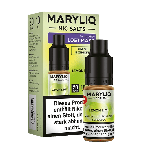 Maryliq Lemon Lime Nikotinsalz Flasche und Verpackung mit spritzigem Zitronen-Limetten-Geschmack, ideale Balance aus Säure und Süße.