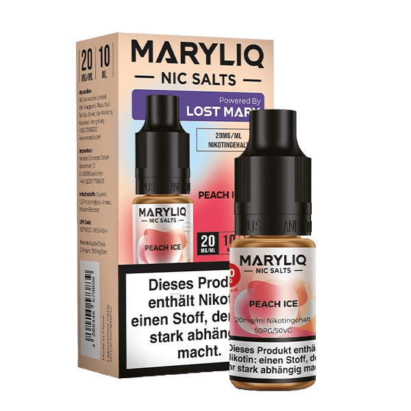 Flasche Peach Ice Maryliq - süßer Pfirsich mit erfrischendem Menthol-Geschmack, ideal für deinen Dampfer-Genuss.