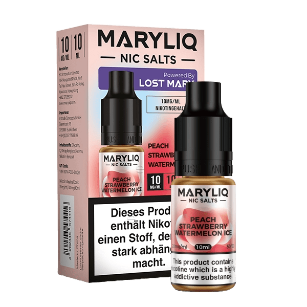 Maryliq Flasche Peach Strawberry Watermelon Ice mit erfrischendem Mentholgeschmack, 10ml Flasche vor Verpackung.
