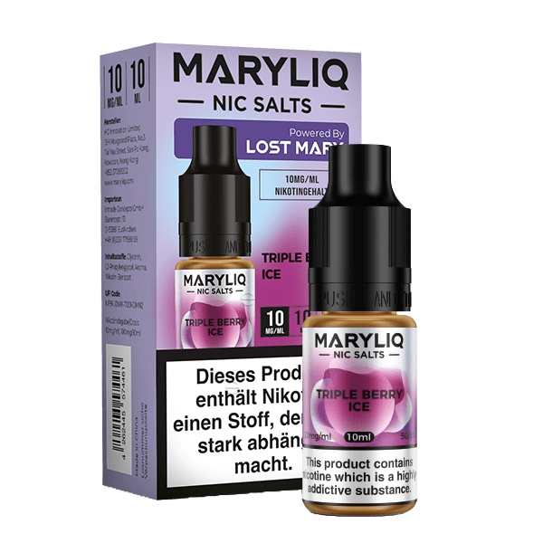 Flasche und Verpackung von Maryliq Triple Berry Ice mit Erdbeere, Himbeere, Blaubeere und Menthol, verführerische Beerenfrische.
