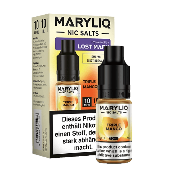 Erlebe den exotischen Kick mit Maryliq Triple Mango, einer Kombination aus Mango, Ananas und Maracuja - pure Fruchtfreude!