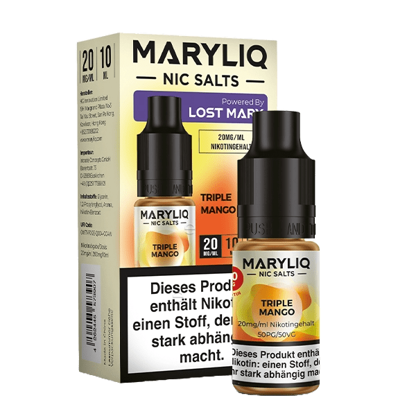 Alt Tag: Maryliq Triple Mango Vape - Süße Mango, saftige Ananas & aromatische Maracuja Nikotinsalz Liquid entdecken.
