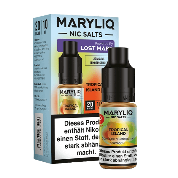 Erlebe tropische Aromen mit Maryliq Tropical Island, einem nic salts Liquid mit Mango, Ananas und Kokosnuss Geschmack. 20mg/ml.