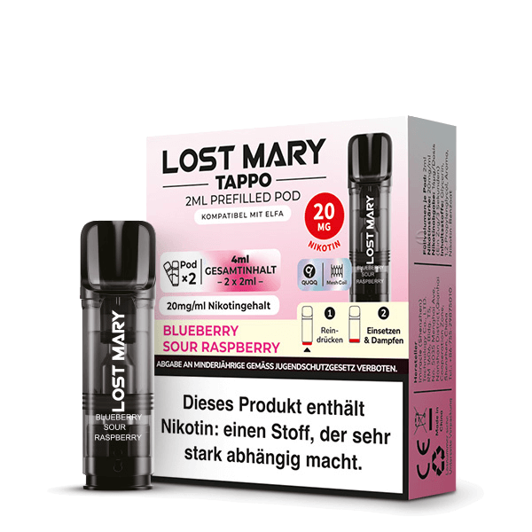 Verpackung von Lost Mary Tappo Pod in Blueberry Sour Raspberry, enthält 2 Pods mit süß-saurer Blaubeere-Himbeere Geschmack.