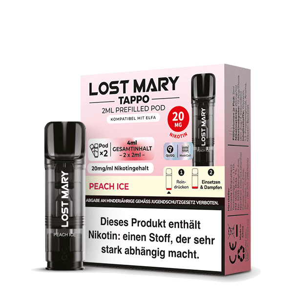 Lost Mary Tappo Pod 2er Set Peach Ice, frischer Pfirsich-Mentholgeschmack für ein cooles Dampferlebnis.