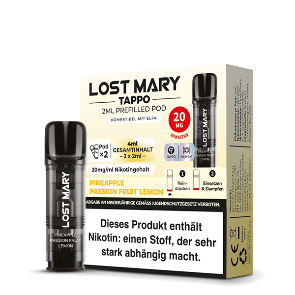 Alt Tag: Tappo Pod 2er Set - Pineapple Passion-Fruit Lemon: Tauche ein in den tropischen Geschmack mit Lost Mary.