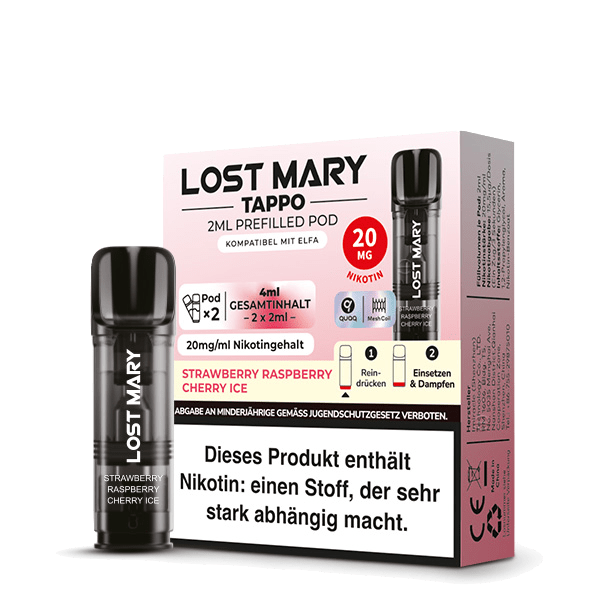 Alt Tag: Lost Mary Tappo Pod mit 2x2ml Erdbeere Himbeere Kirsche Menthol Geschmack für intensiven Fruchtgenuss, 20mg Nikotingehalt.