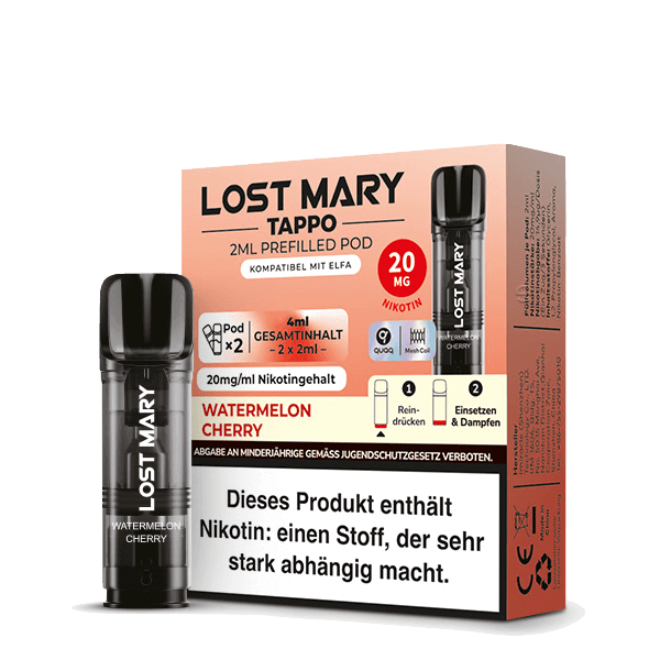 Lost Mary Tappo Pod 2er Set in Watermelon Cherry Geschmacksrichtung mit 2 x 2ml Pods, 20mg Nikotingehalt.