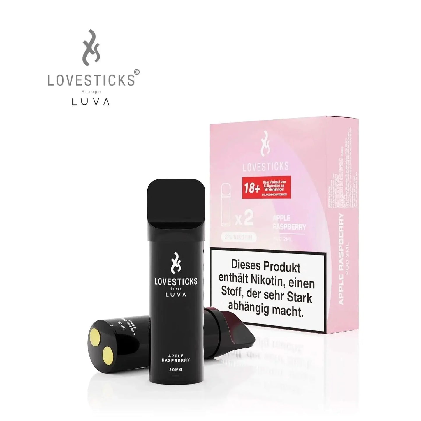 Luva Einweg-Pods im 2er Set von Lovesticks in Apfel Himbeere Geschmack, perfekt für ein erfrischendes Vape-Erlebnis.