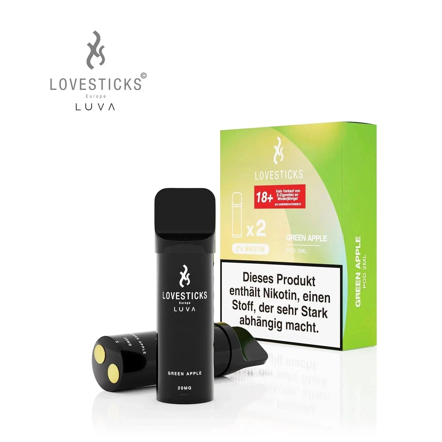 Lovesticks Luva Einweg-Pods Set, Grüner Apfel Geschmack, ideal für ein frisches Vape-Erlebnis, Nikotin-Warnung, 2er Set