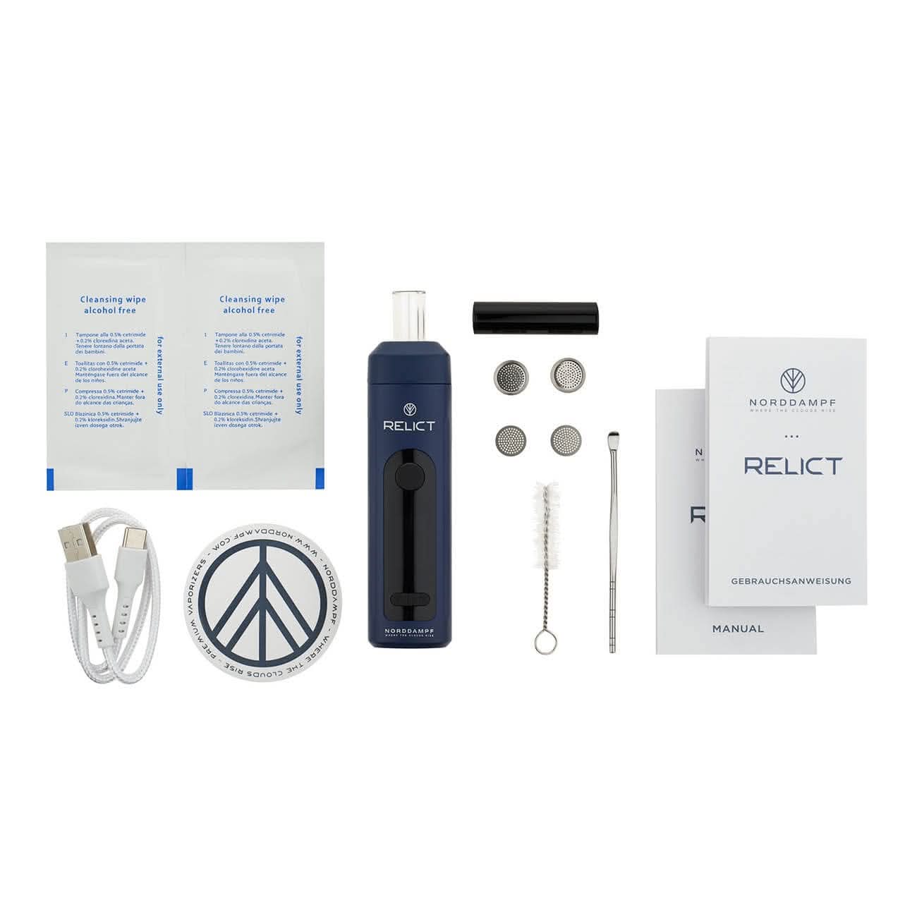 Norddampf Relict Vaporizer in Nordic Blue mit Zubehör: Ladegerät, Reinigungsset und Anleitung.