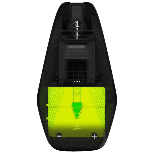Voity Vaporizer in tiefem Schwarz, innovatives Design für Blüten- und Kräuter-Genuss entdecken, Norddampf Technologie.